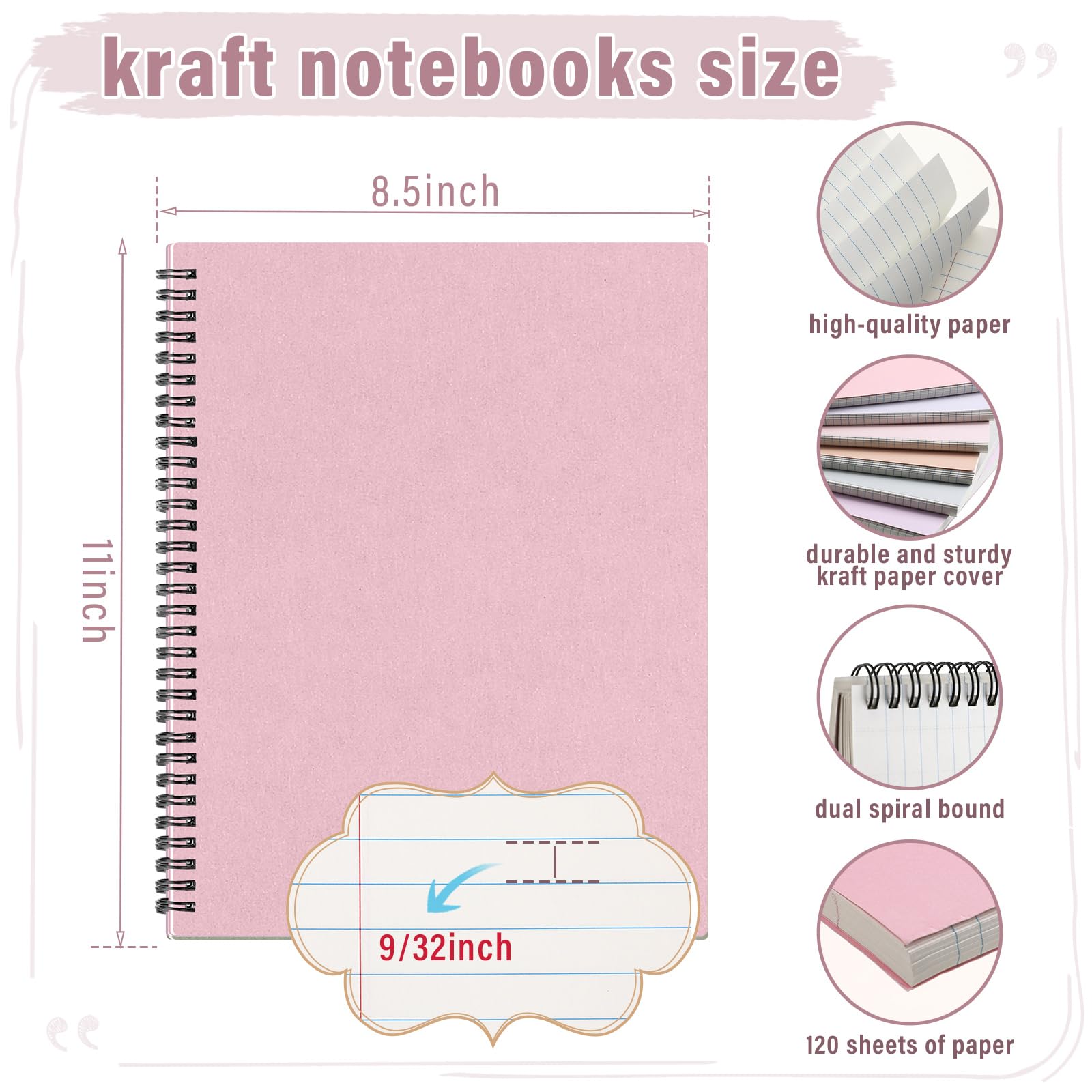 Glenmal 6 quaderni a spirale per lavoro, formato A4, 21 x 28 cm, a righe, con copertina in carta kraft, 120 fogli, 240 pagine, per ufficio e studio (colori fantastici)