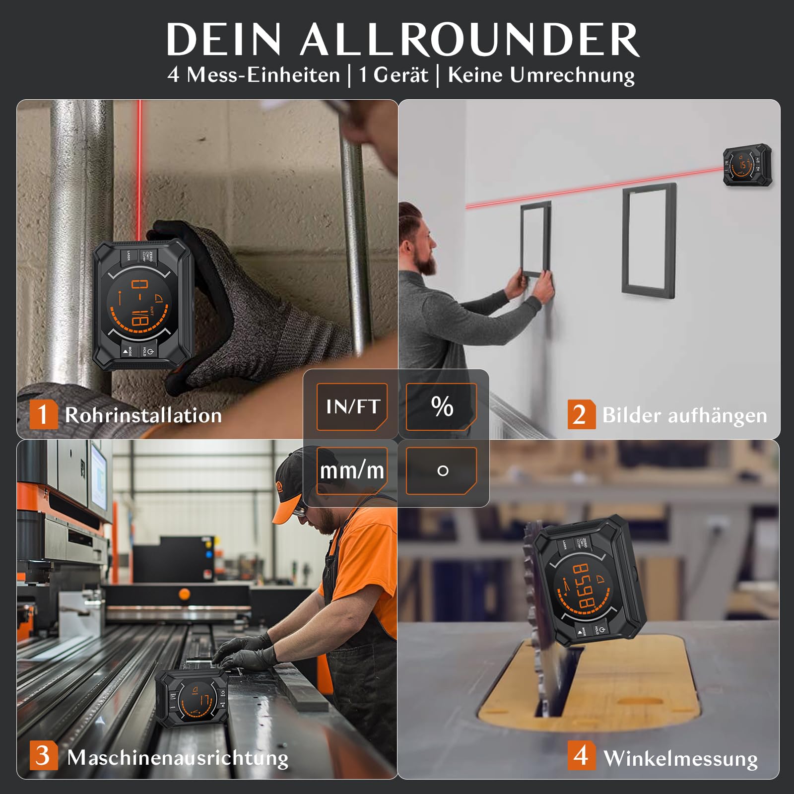 3 IN 1 Digitaler Winkelmesser, Laser Wasserwaage Neigungsmesser mit Magnet Aufladbar Winkelmessgerät, Wasserwaage 10m Kreuzlinien Laser für Rohr- Holzarbeitung Hängerahmen Sägen Schwarz