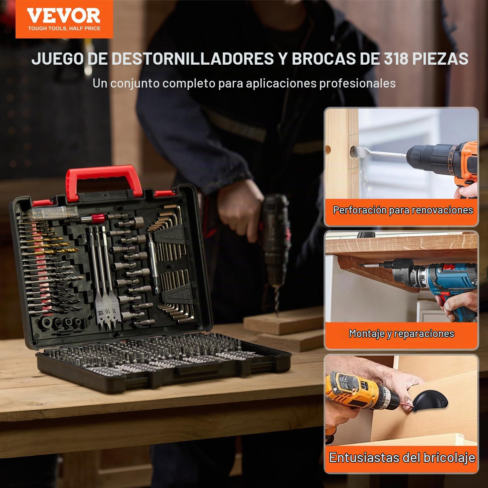 VEVOR 318 PCS Juego de Brocas y Destornilladores con Estuche de Transporte, Adecuadas para Taladrar y Atornillar Madera, Metal, Cemento