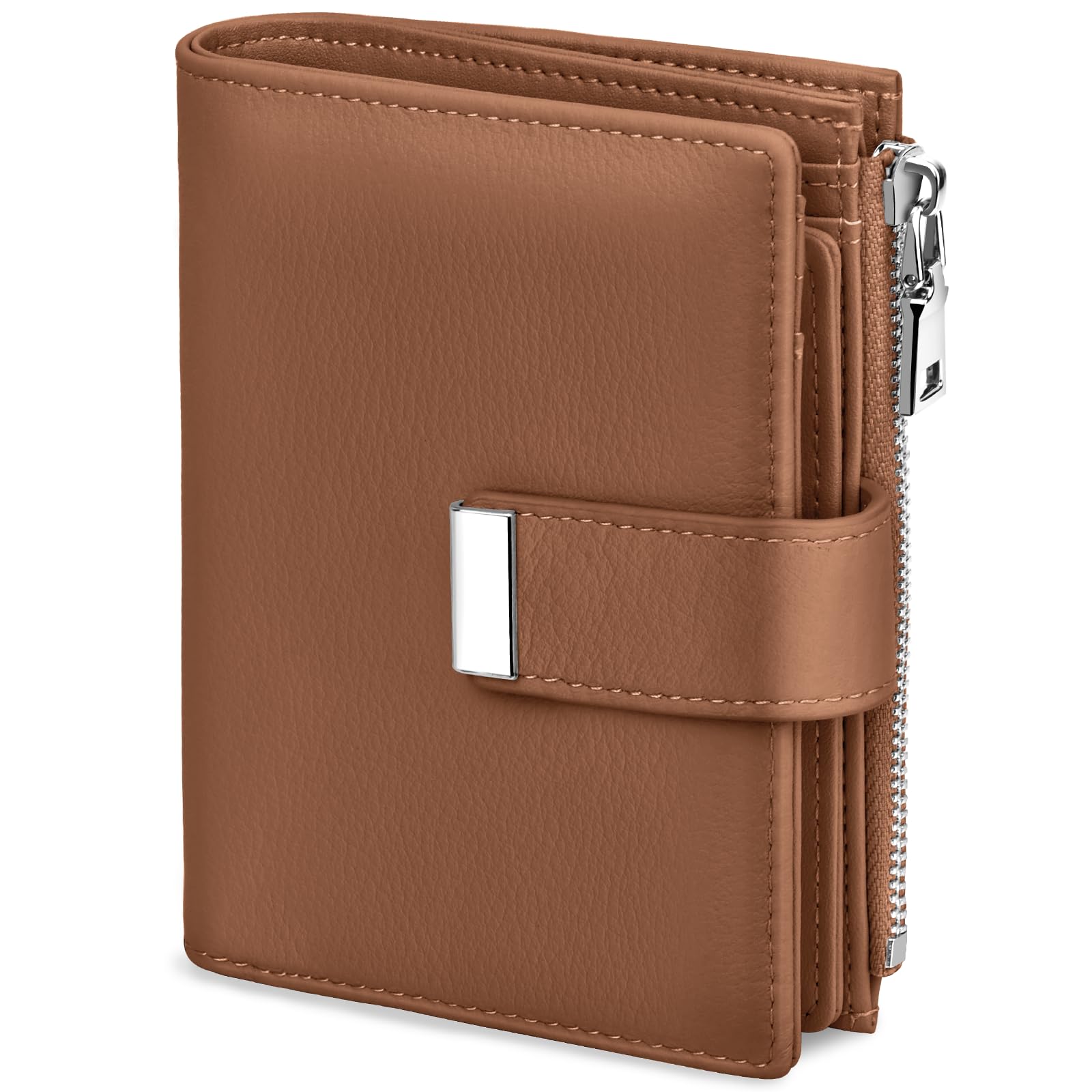 Portefeuille Femme en Cuir Petit Porte Monnaie Blocage RFID Antivol Portefeuilles Court Poche à Monnaie avec Fermeture Eclair, 12 Emplacements pour Cartes (Brun)