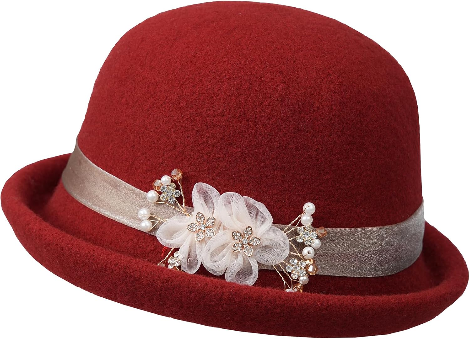 Elegant Wool Felt Flowers Bucket Hat, Women Vintage Cloche Floral Fedora Hat, Ladies Wedding Dress Church Hat