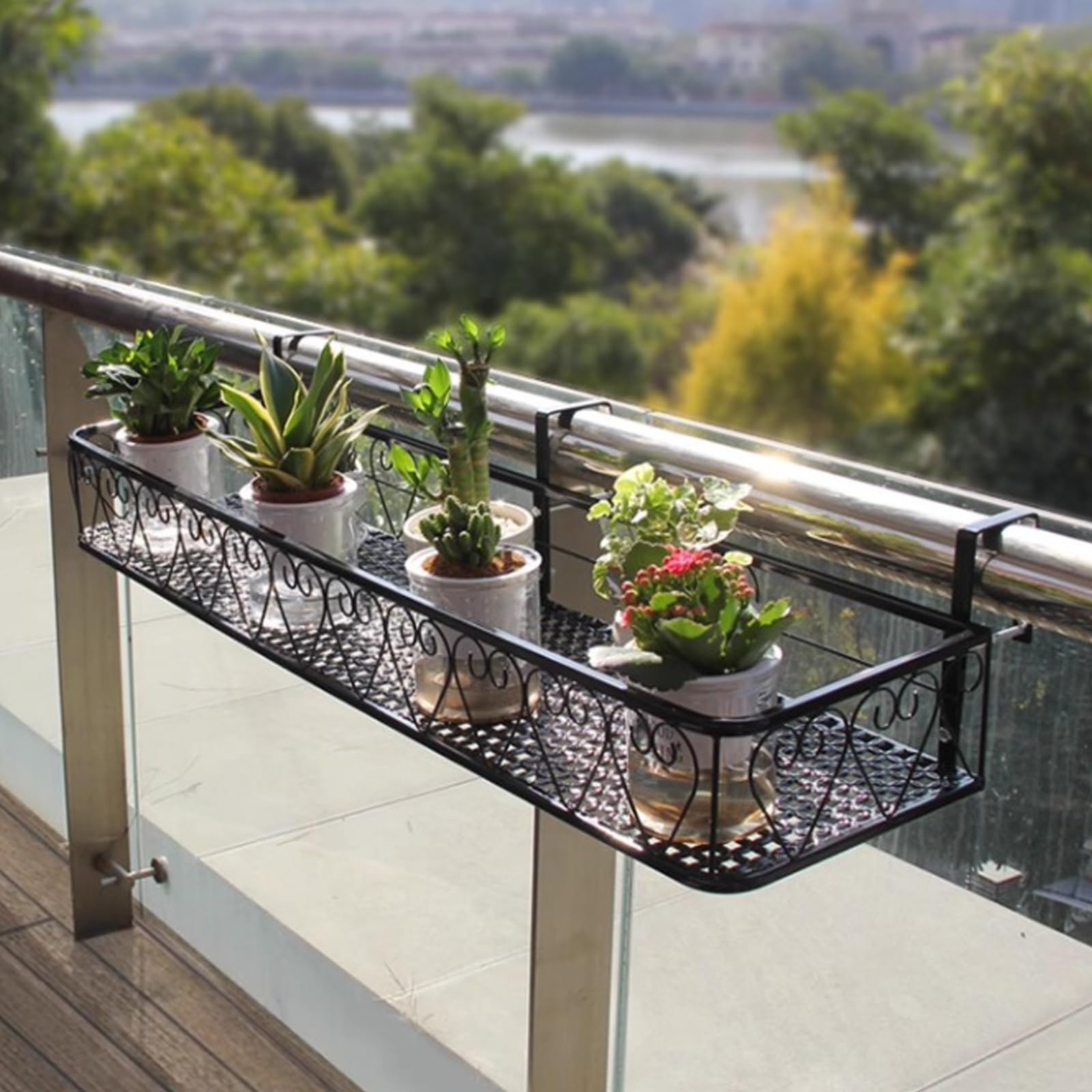 Wisząca donica na kwiaty, metalowa poręcz balkonowa, haczyk na doniczkę, wodoszczelna i nierdzewna, duża nośność, do ogrodzenia patio (50 cm)