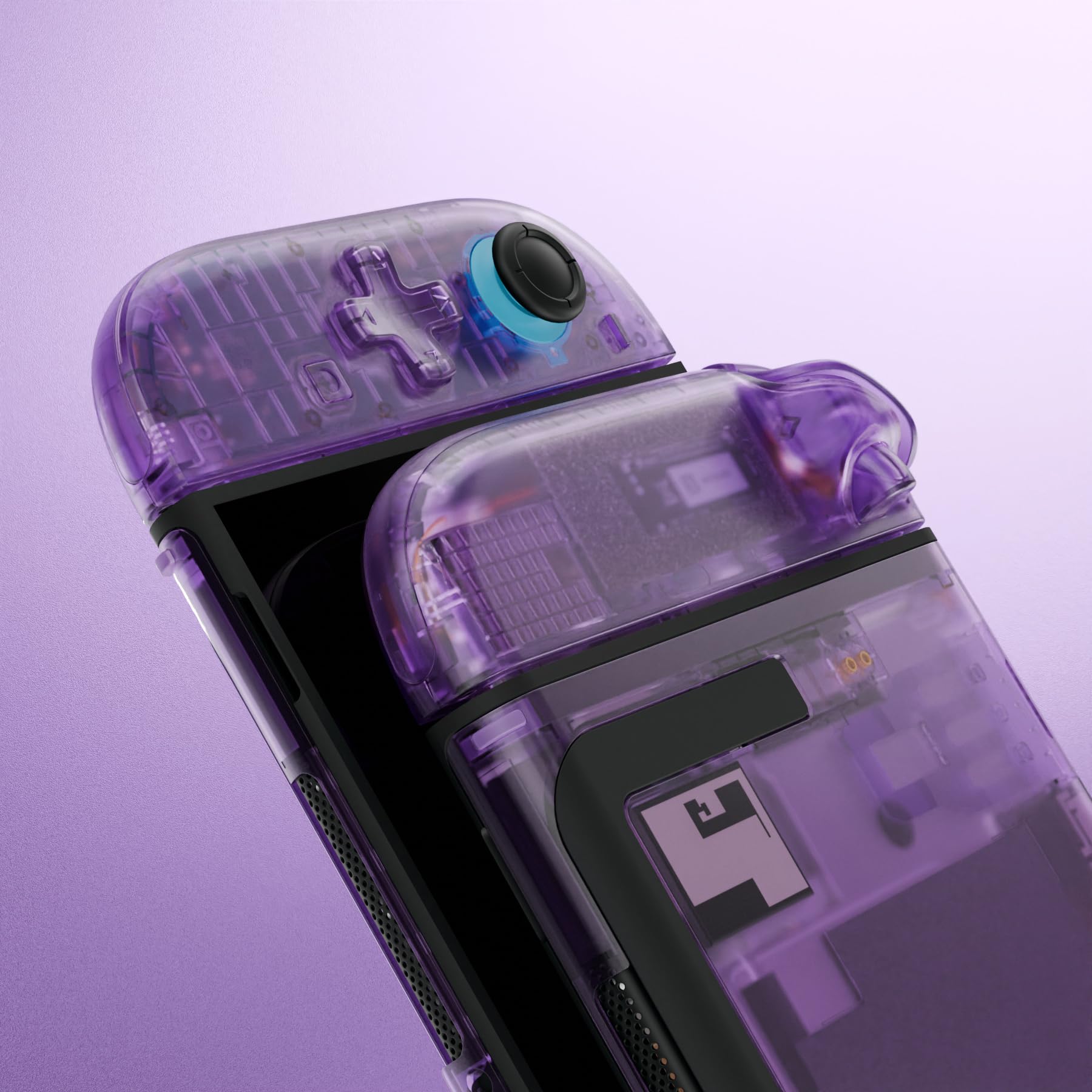 eXtremeRate Cover per Nintendo Switch 2, Custodia Ricambio per Joycon con Set Completo di Tasti, Accessorio per Switch 2, Senza Joycon e Console(Dpad Versione) - Trasparente Viola Atomico