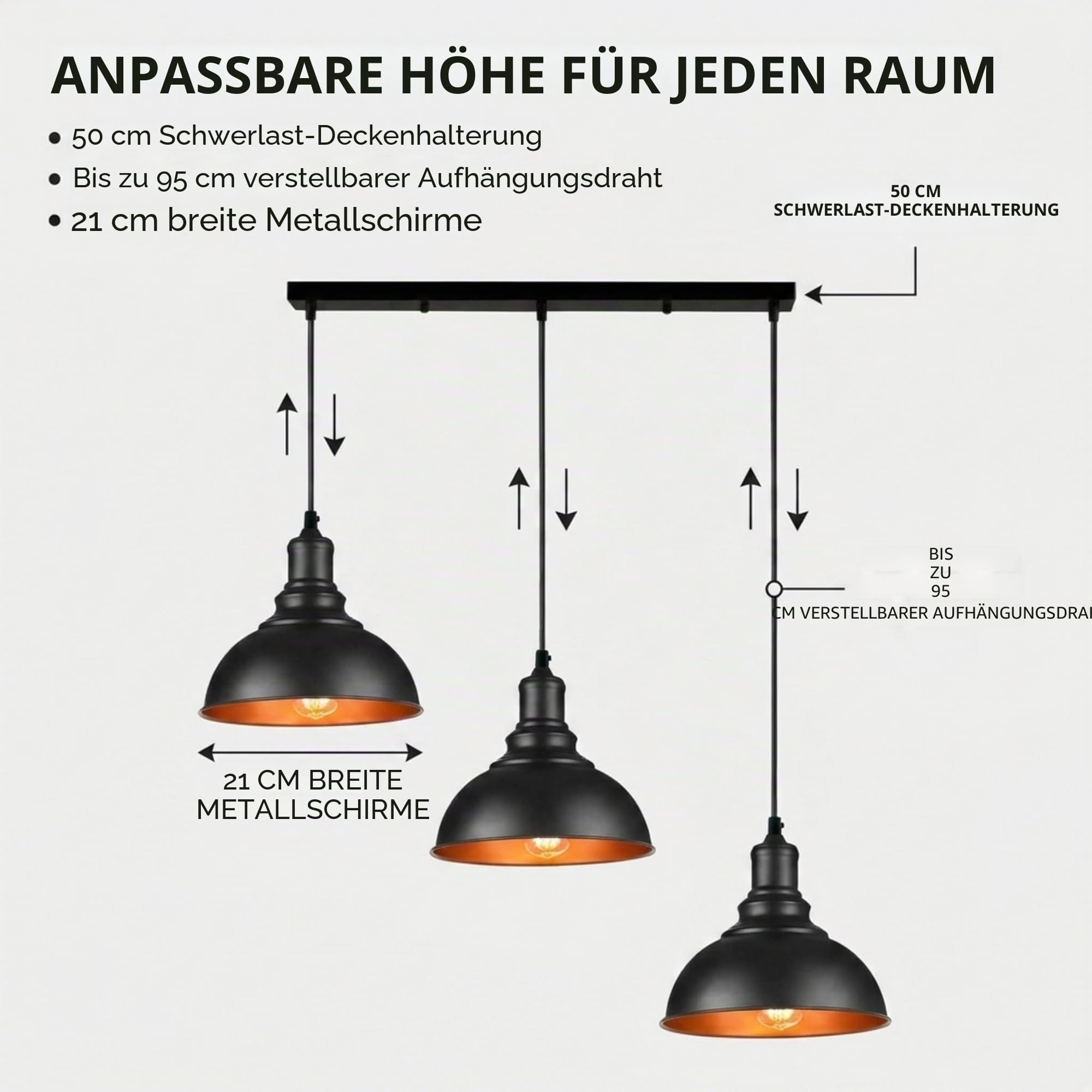 LEDSone Industrielle Pendelleuchte mit drei Köpfen, verstellbares Kabel, 95 cm, Metall-Lampenschirm, Retro-Industrie-Decke, E27-Fassung für Küche und Restaurant (Schwarzes inneres Gold)