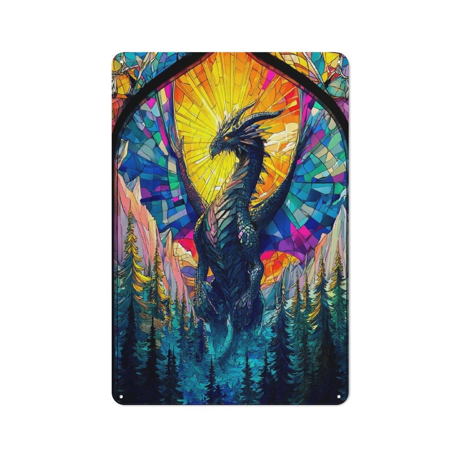 Junmoney Stained Glass Dragon Majesty Metal Wall Plaque With Design 30X20cm, Retro Small Space Decor For Flat, Dorm Room, Lounge Or Cafe