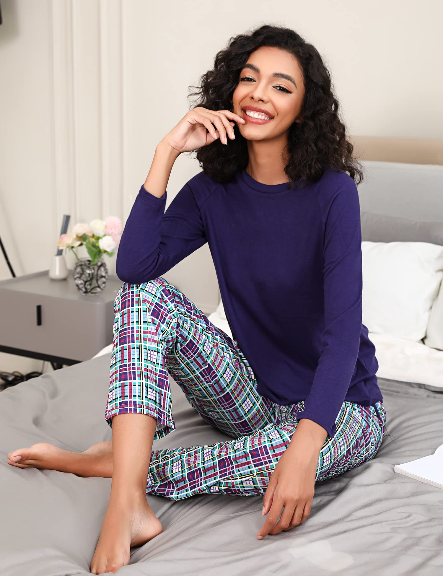 Uniexcosm Pigiama Donna, Pigiama a Quadri Donna Lungo Pigiama da Donna Cotone Leggero con Girocollo Pigiama 2 Pezzi Donna con Tasca Sciolto Accogliente per Casa e Casuale