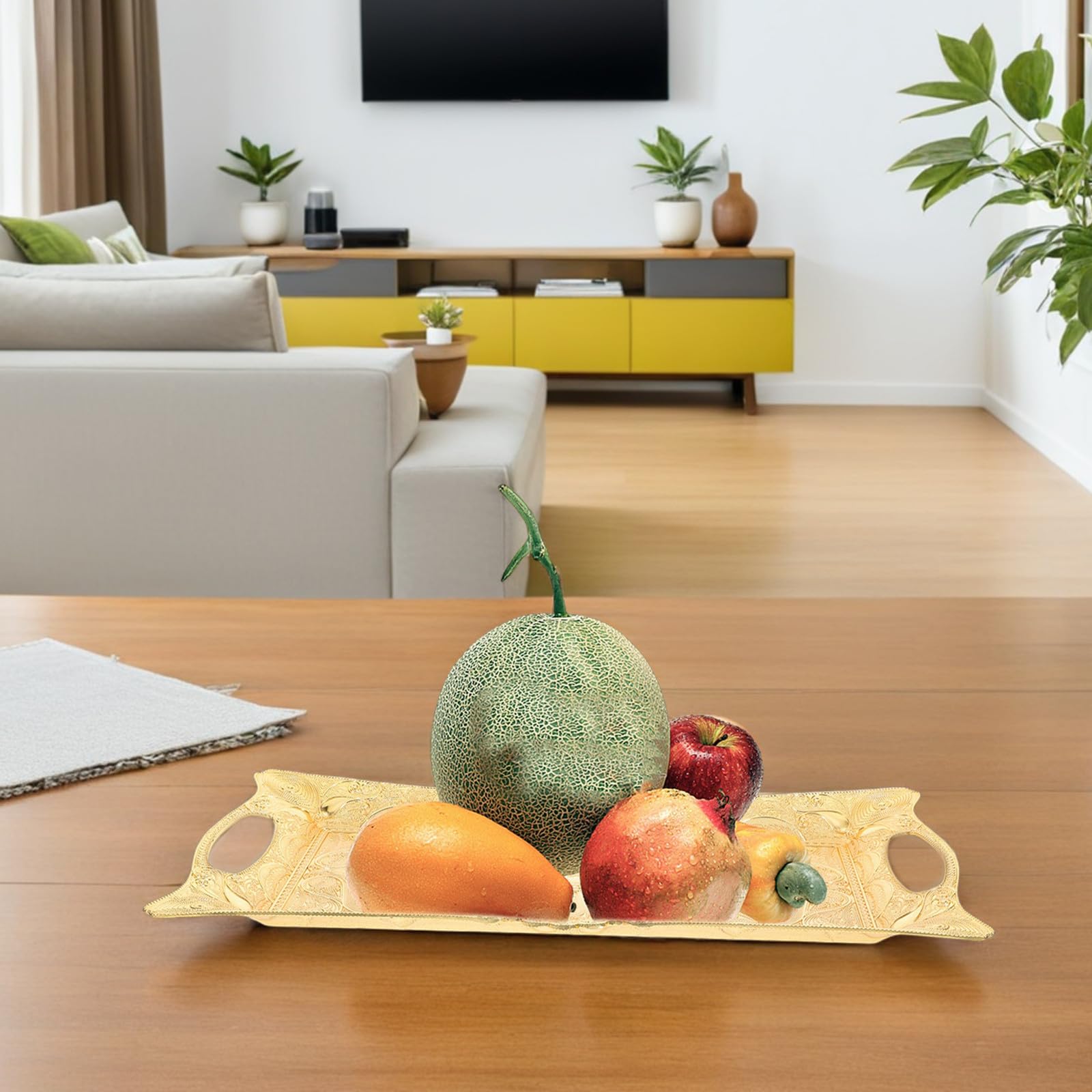 Bandeja Rectangular Decorativa Dorada con Asa de Aleación de Zinc