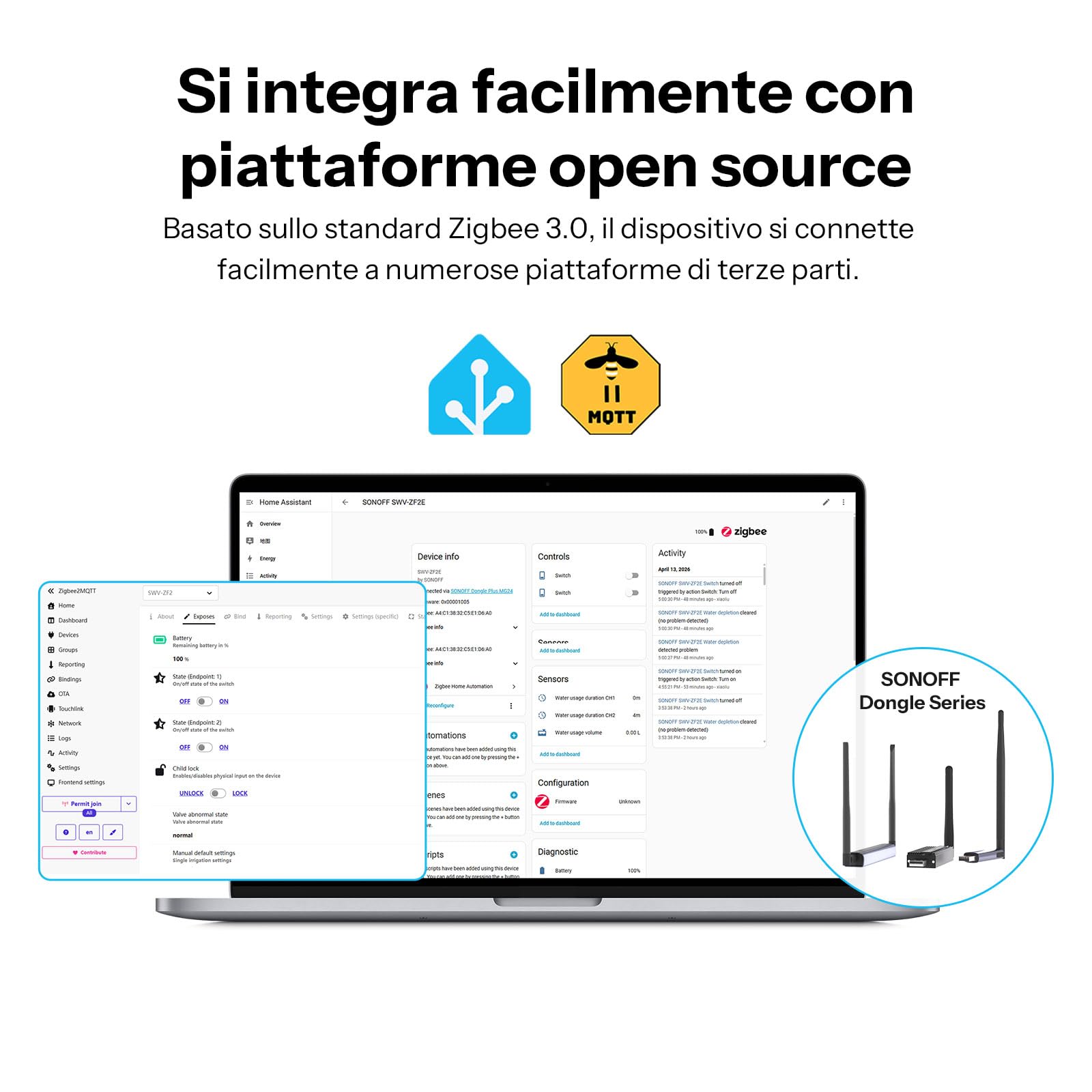 SONOFF SWV-ZF2E Hydro DUO Timer irrigazione Zigbee a 2 zone, ingresso in ottone, IP65, alimentazione Type-C e 4 AA, adattamento meteo con misuratore di flusso, hub Zigbee richiesto, Home Assistant