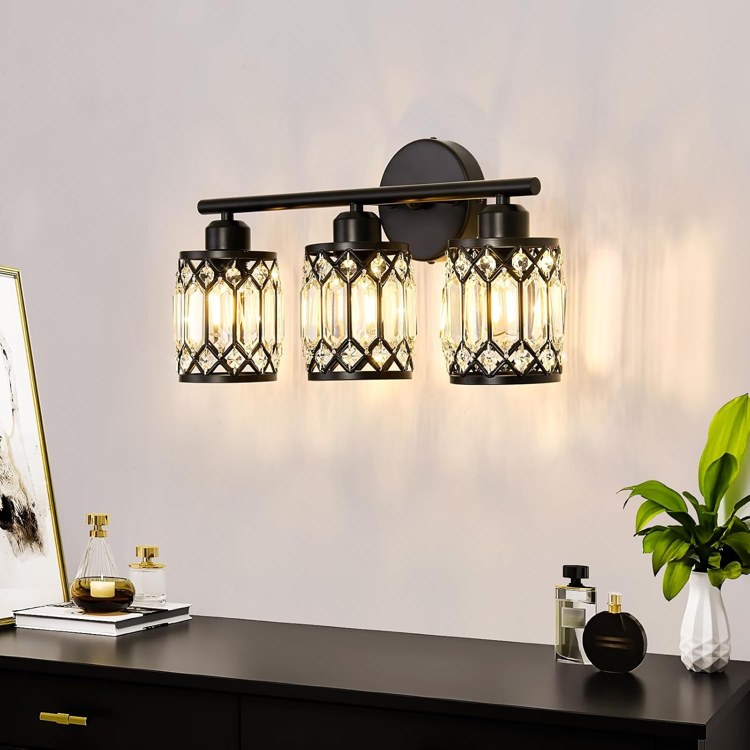 CVKASH 3 Light Bathroom Vanity Light Fixture Over Mirror Black Vintage Vanity Lights with Glass Shade Farmhouse Wall Sceonce for Bedroom Dressing Room Living Room Hallway Cabinet