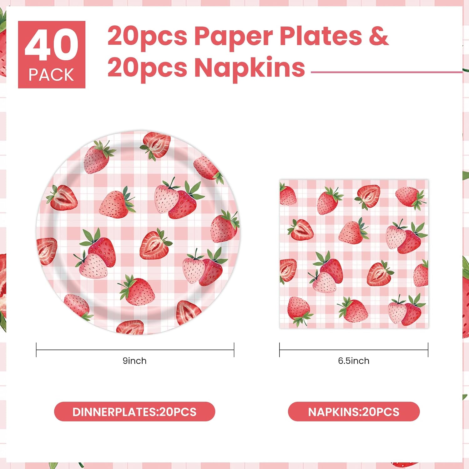 40 Pcs Strawberry Plates and Napkins Party Supplies, Pink Gingham Disposable Paper Plates and Napkins Tableware Set for Strawberry Shortcake Baby Shower Birthday Party Decorations - Image 2