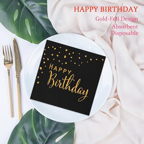 Miniatura 8 de DYLIVeS Servilletas de feliz cumpleaños, servilletas de papel de aluminio negro y dorado, servilletas de papel desechables para cena, picnic