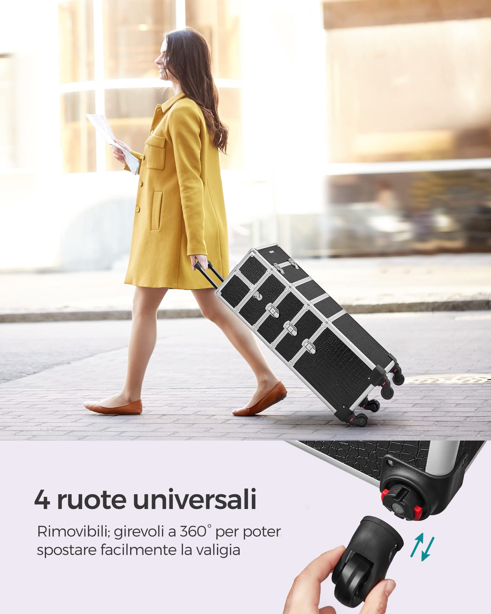 SONGMICS Valigetta Trucchi, Valigia Porta Trucchi 4 in 1, Grande, Trolley Make Up, con Coperchio, 35 x 25 x 79 cm, Serratura, Ruote Girevoli a 360°, per Truccatori, Idea Regalo, Nero JHZ06B