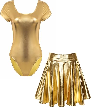 Vxuxlje Womens Shiny Metallic Rave Outfits Short Sleeve Bodysuit with High Waist Mini Skirts