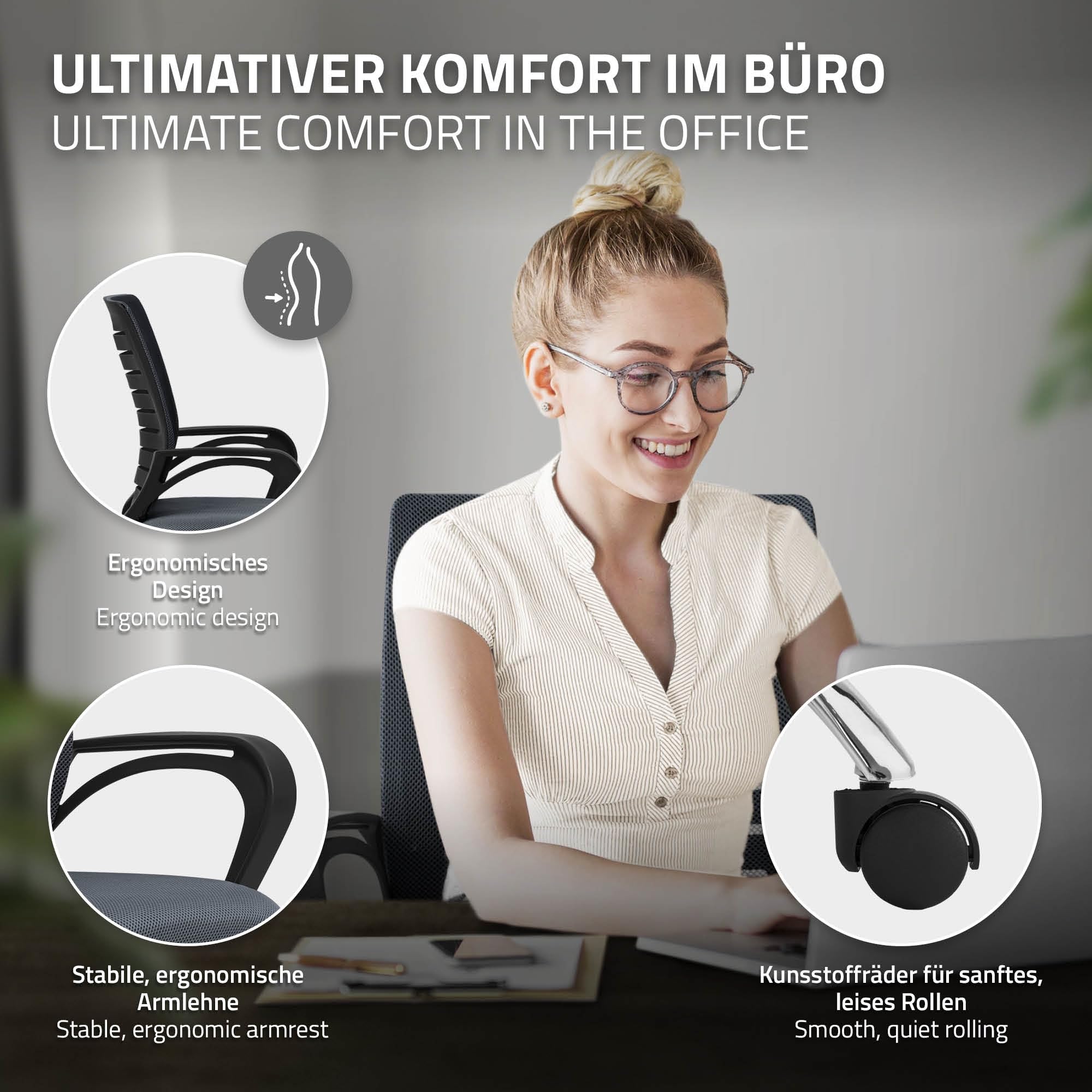 ML-Design Sedia da Ufficio Ergonomica Grigio con Schienale in Rete Reclinabile Regolabile in Altezza con Braccioli Seduta Imbottita a Schiuma Telaio in Acciaio Cromato Poltrona Girevole con Ruote