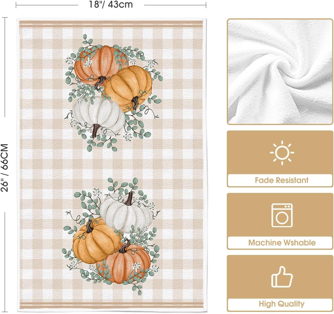 Artoid Mode Orange Eucalyptus Leaves Hello Pumpkin Fall Kitchen Towels Dish Towels, 18x26 Inch Farmhouse Give Thanks Decoration Hand Towels Set of 4 - Image 6