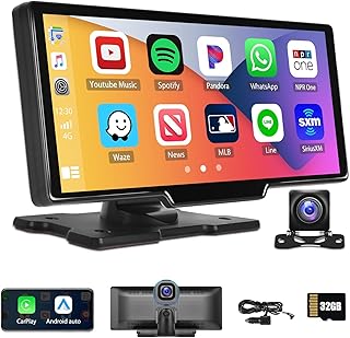 CAMECHO Portable Bluetooth Car Stereo Car Radio Wireless Apple CarPlay Android Auto Voice Assistant 9.3” Touchscreen Audio Receiver with Backup Camera 32G TF GPS FM Split Screen DVR for Cars RV Truck