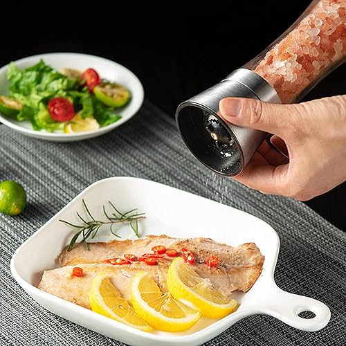 Miniatura 5 de Juego de molinillo de sal y pimienta, dos tarros de especias gratis, pimienta negra, molino de hierbas manual recargable, acero inoxidable, grosor