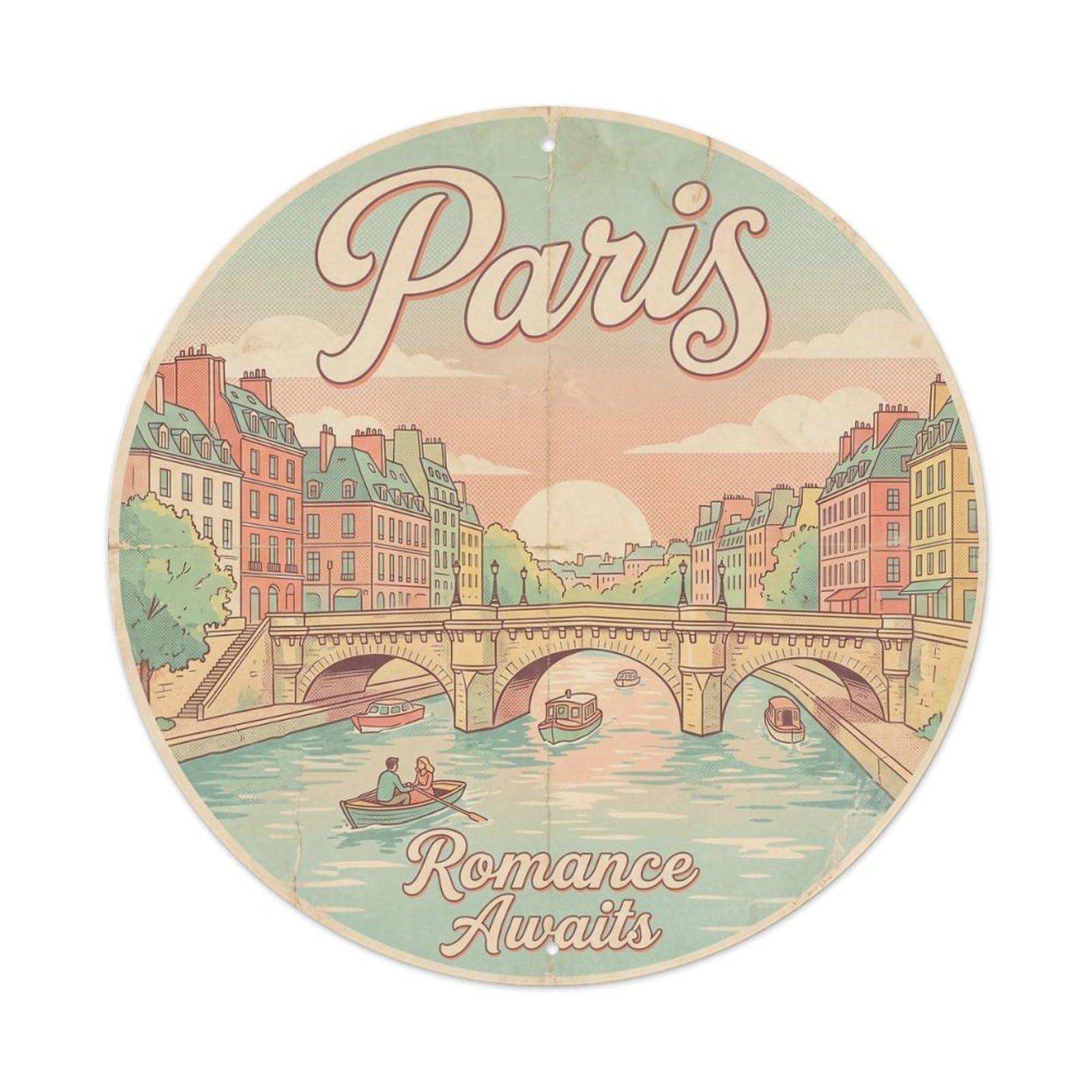 Yrnq Vintage Style Vintage Travel Paris Riverside France Vintage Metal Tin Sign Plaque Wall Decor For Cafe, Club, Garden Round Metal Poster 8X8inch