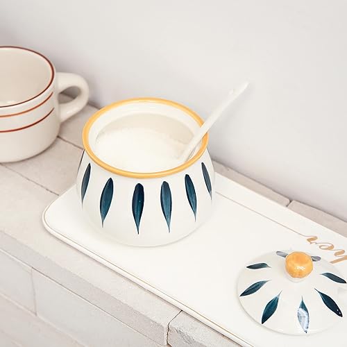 Miniatura 5 de Azucarero de cerámica con tapa y cuchara  Contenedor de azúcar de 12 onzas para encimera de cocina, barra de café y hogar, tarro de azúcar de granja