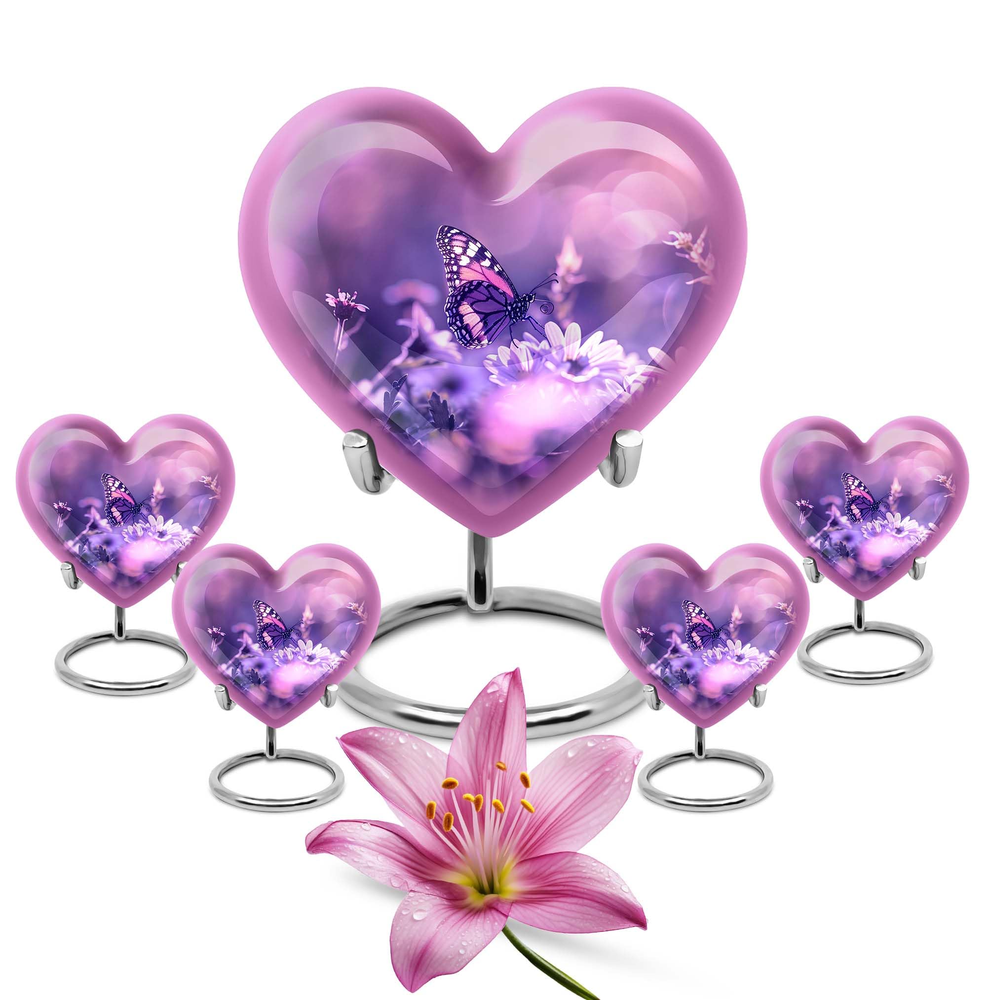 Urnas funerarias de mariposa, urna de corazón para cenizas, paquete de 5 (urna de 10 pulgadas con urna de 3 pulgadas, juego de 4), urnas moradas, recuerdo de urna de gato, urna decorativa, urnas