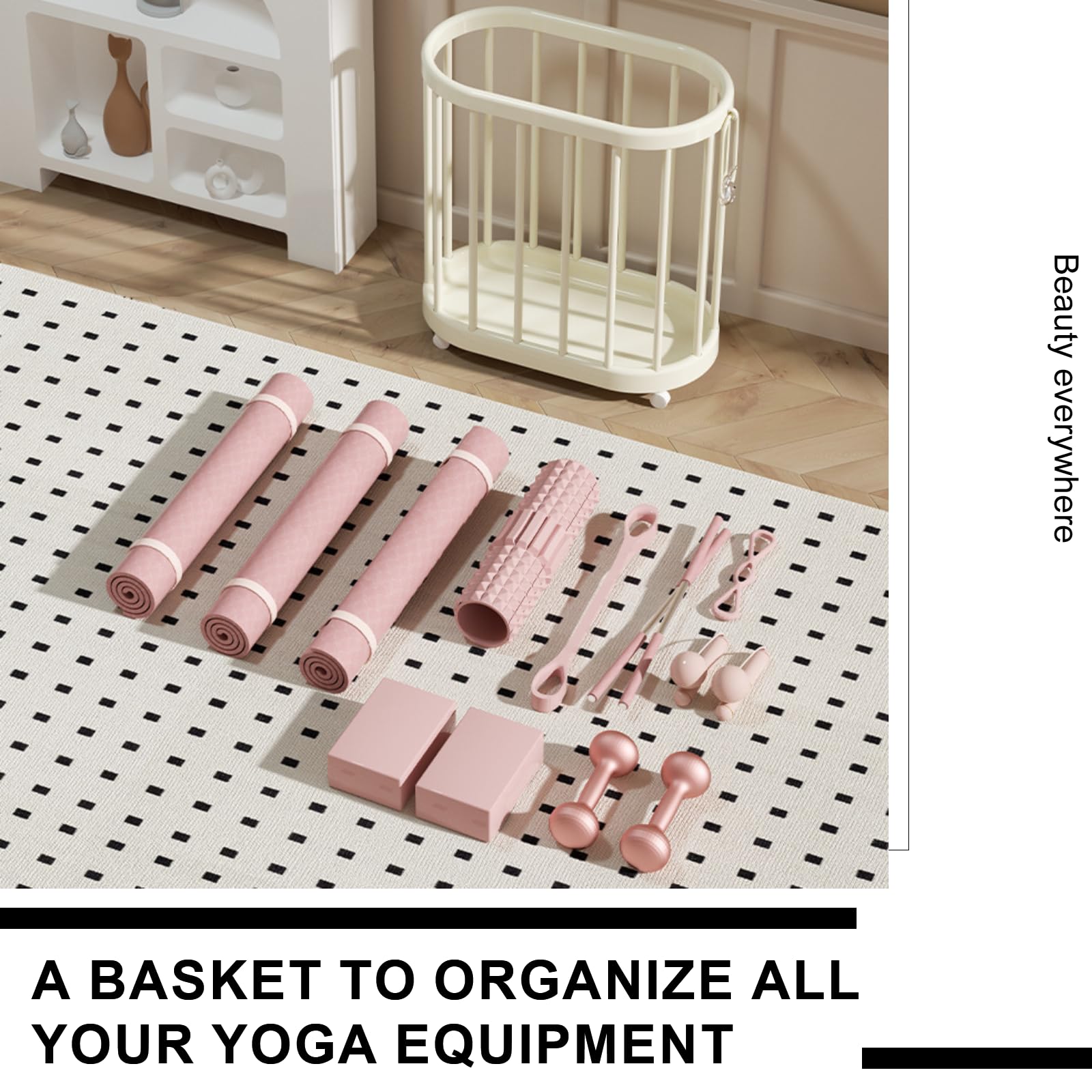 HEVOY Yoga Mat Storage Rack, Home Gym Organizer Basket with Wheel, Workout Room Shelf Stand, Exercise Equipment Cart for Dumbbell Kettlebells Resistance Bands Yoga Blocks Foam Roller (A)