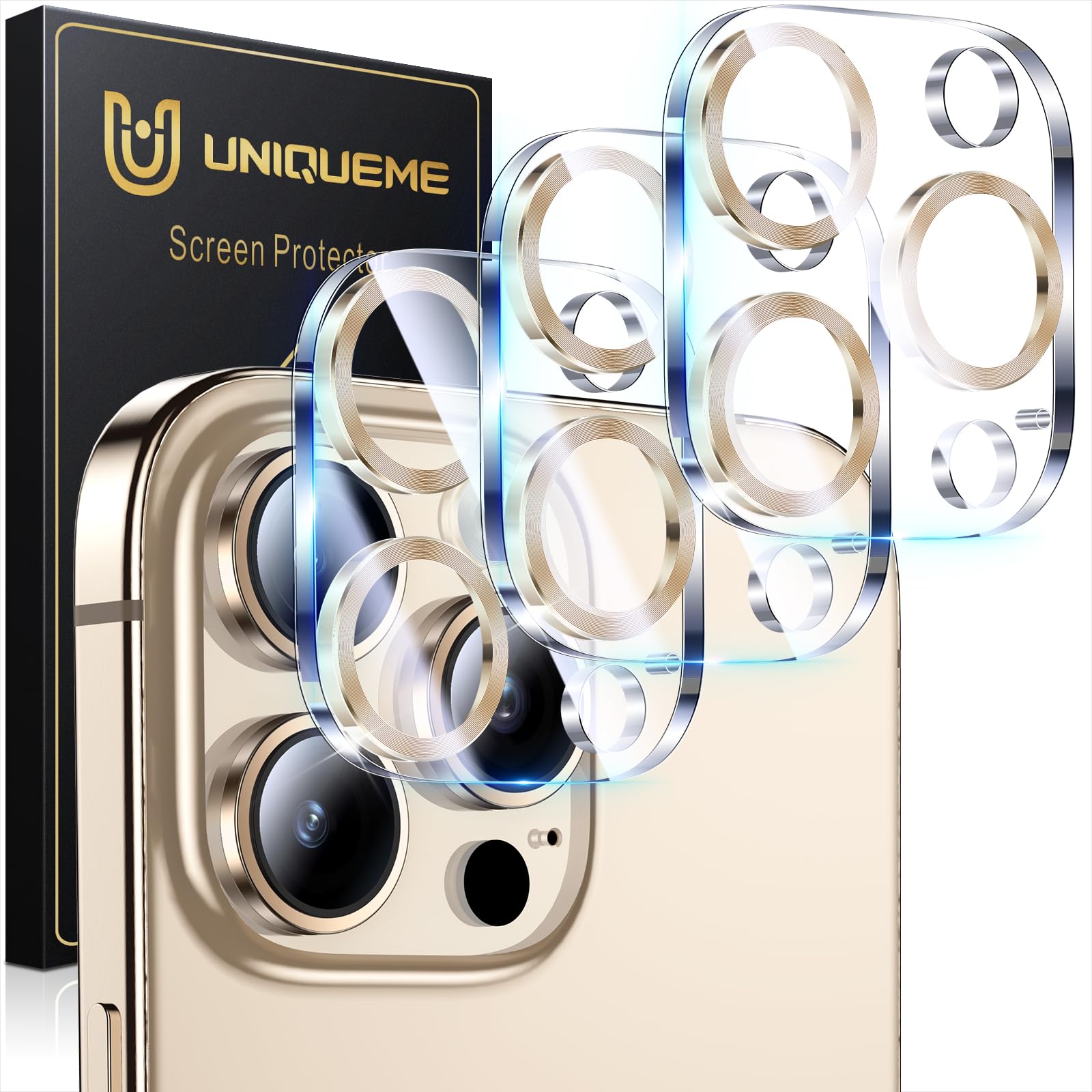 Protection caméra iPhone 16 Pro Max UniqueMe en verre trempé 9H ultra HD argent 3 pièces