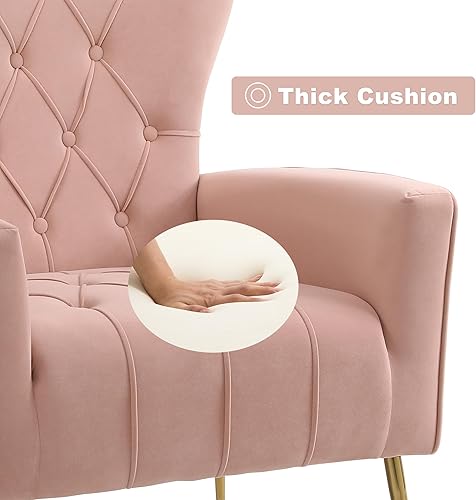 Miniatura 11 de Silla decorativa de terciopelo con otomana, silla tapizada con respaldo de ala, sillas decorativas modernas con patas de metal dorado para Otomana