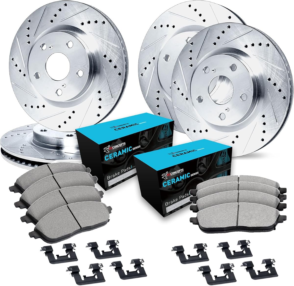 Kit de freno delantero y trasero R1 Concepts para Hyundai Genesis 2010-2016 | Almohadillas de cerámica, rotores eLINE ranurados perforados| Hardware| 13,4" delantero y 13,0" trasero