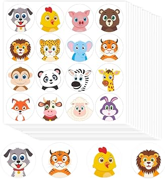 800 Adorable Round Land Water Proof Animal Stickers in 16 Designs Each Measures 1.5" in Diameter