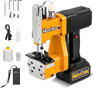 Hanchen ポータブル袋縫 電池式 リチウム電池バッグミシン コードレス袋縫い バッグ閉鎖機 ハンドミシン 封切り機 ポータブル袋口縫い 厚手対応 0.2-10mm袋口縫い 自動バッグステッチ 事務用/ビジネス用 織り袋・麻袋・クラフト袋・紙袋に適用(機械+1電池) (黄色 890D)
