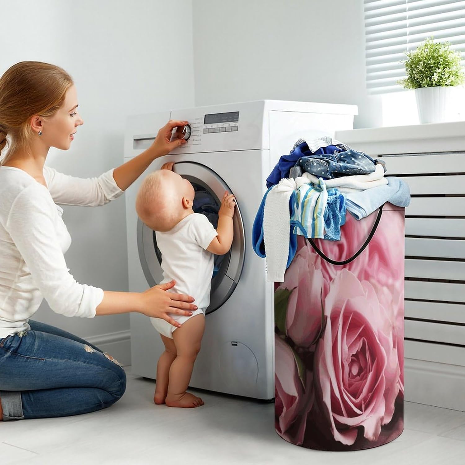 Pink Roses Large Capacity Laundry Baskets,Collapsible Clothes Hamper with Handles，Laundry Hampers for Bathroom,Bedroom,Towels