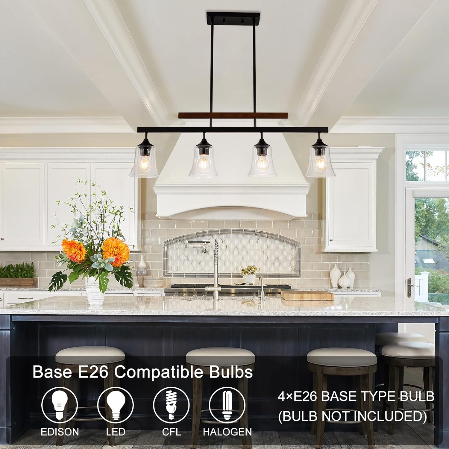Dining Room Light Fixture 4-Light Kitchen Island Lighting Farmhouse Chandeliers for Dining Room Over Table Wood Chandelier with Glass Black Metal Pendant Light for Kitchen Island Lights