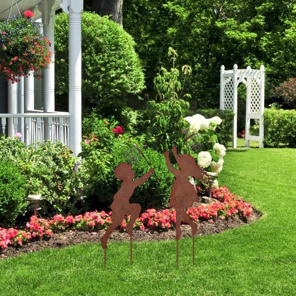 Paire De Piquets Jardin Vintage Papillons – Garçon Et Fille – Sculpture Métal Extérieur – Décoration Cour Et Terrasse Printemps