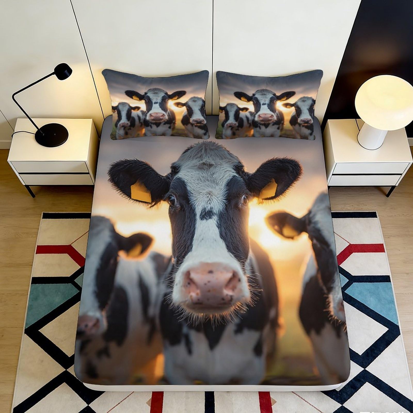 3D Printed Cow Pattern Fitted Sheet Microfiber Soft Durable Cow Face Bed Cover for Bedroom Dormitory Guest Room Mattress Protection 140x200x25cm