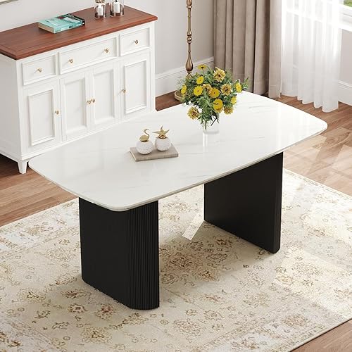 Miniatura 35 de Ebullient Juego de mesa de comedor blanca de 67'' para 6, juego de sillas de mesa de cocina con elegante base de pedestal ondulado, juego moderno