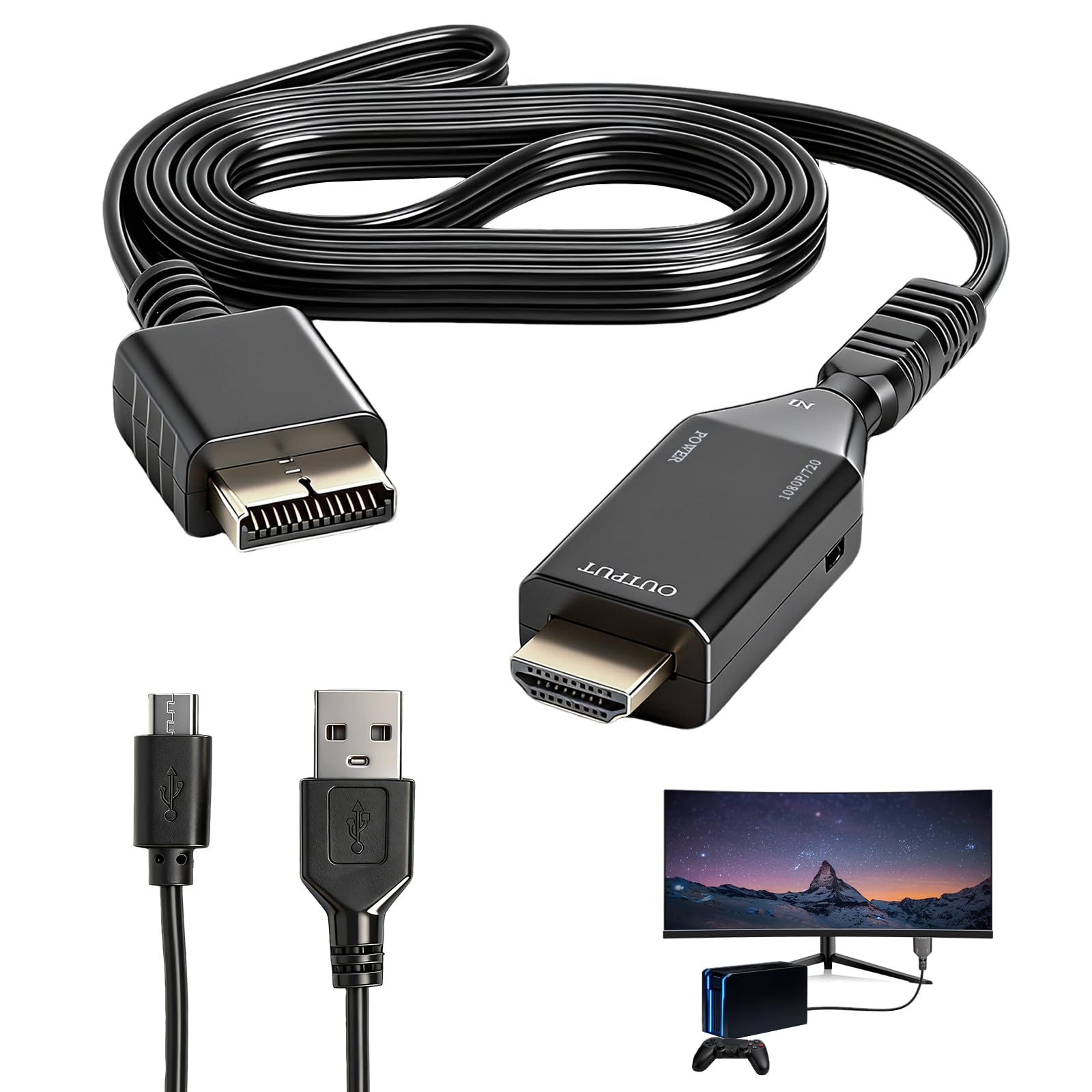 HENGBIRD Adapter PS1/PS2 na HDMI 1080P z kablem AV 1 m, 720P 1080P HD Link kabel wideo konsola audio konwerter wideo, Plug and Play, zasilanie micro USB, do TV i konsoli do gier