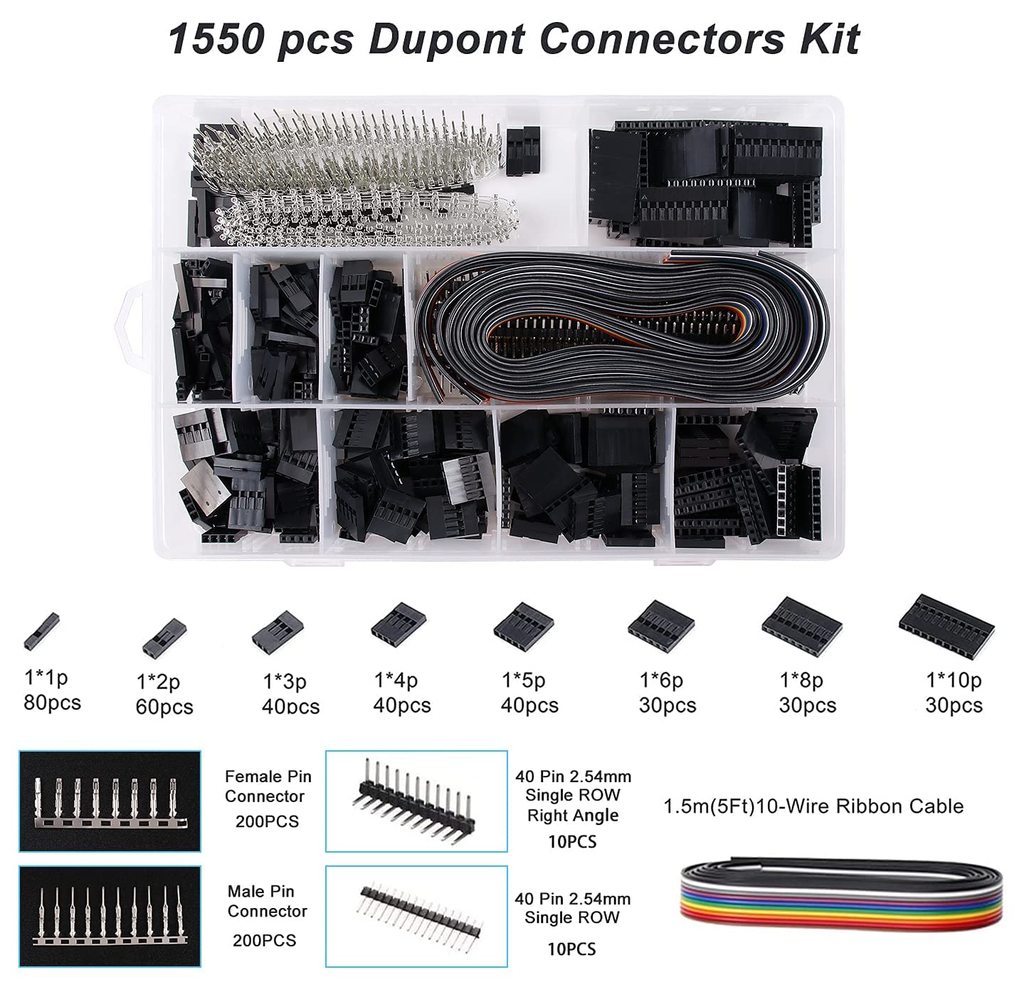 Zhushan Dupont - Juego de herramientas de crimpado con 1550 conectores Dupont de 2,54 mm y 460 conectores JST y XH de 2,54 mm para conectores AWG 28-20/0,08-0,5 mm2