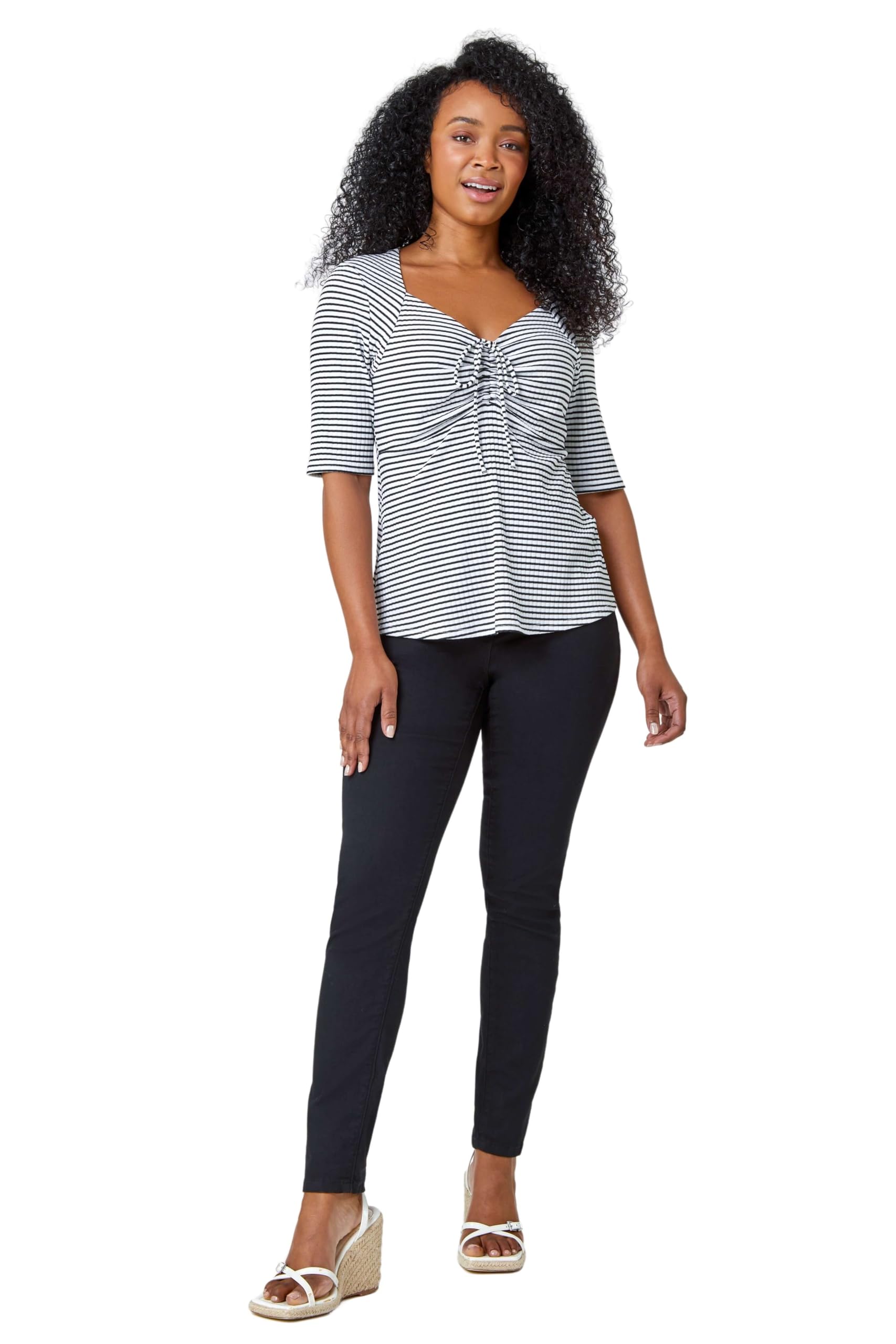 Roman Originals Women's Black Roman Petite Stripe Ruched Stretch Top For Uk - Everyday Holiday Spring Summer Sweetheart Neckline Comfy Soft Evening Vacation Work Party - Size 18