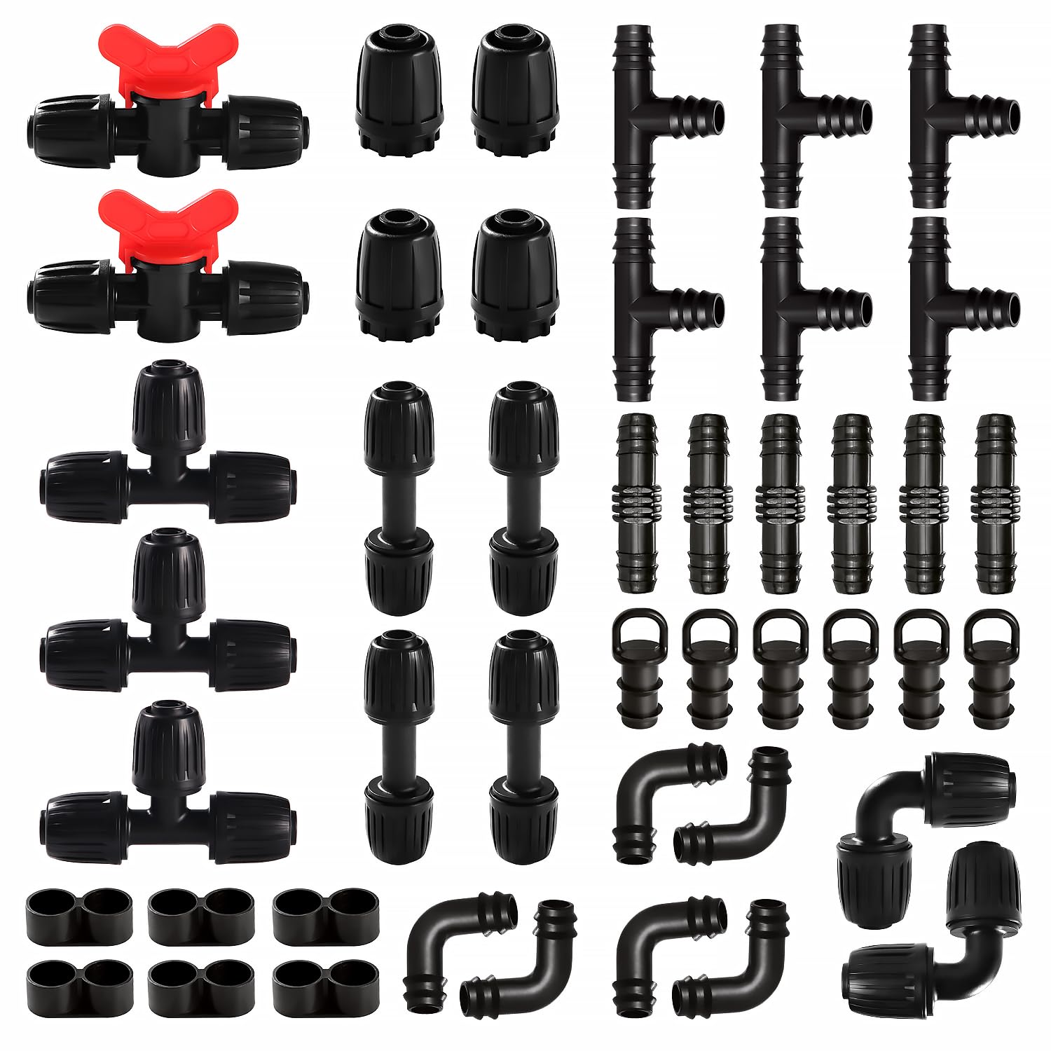 VooGenzek 45 PCS Drip Irrigation Fittings Kit for 16mm Tubing, Drip Irrigation Barbed Connectors for Garden, Lawn, with Switch Valve, Tees, Elbow, Straight, End Closure and End Plug, Black