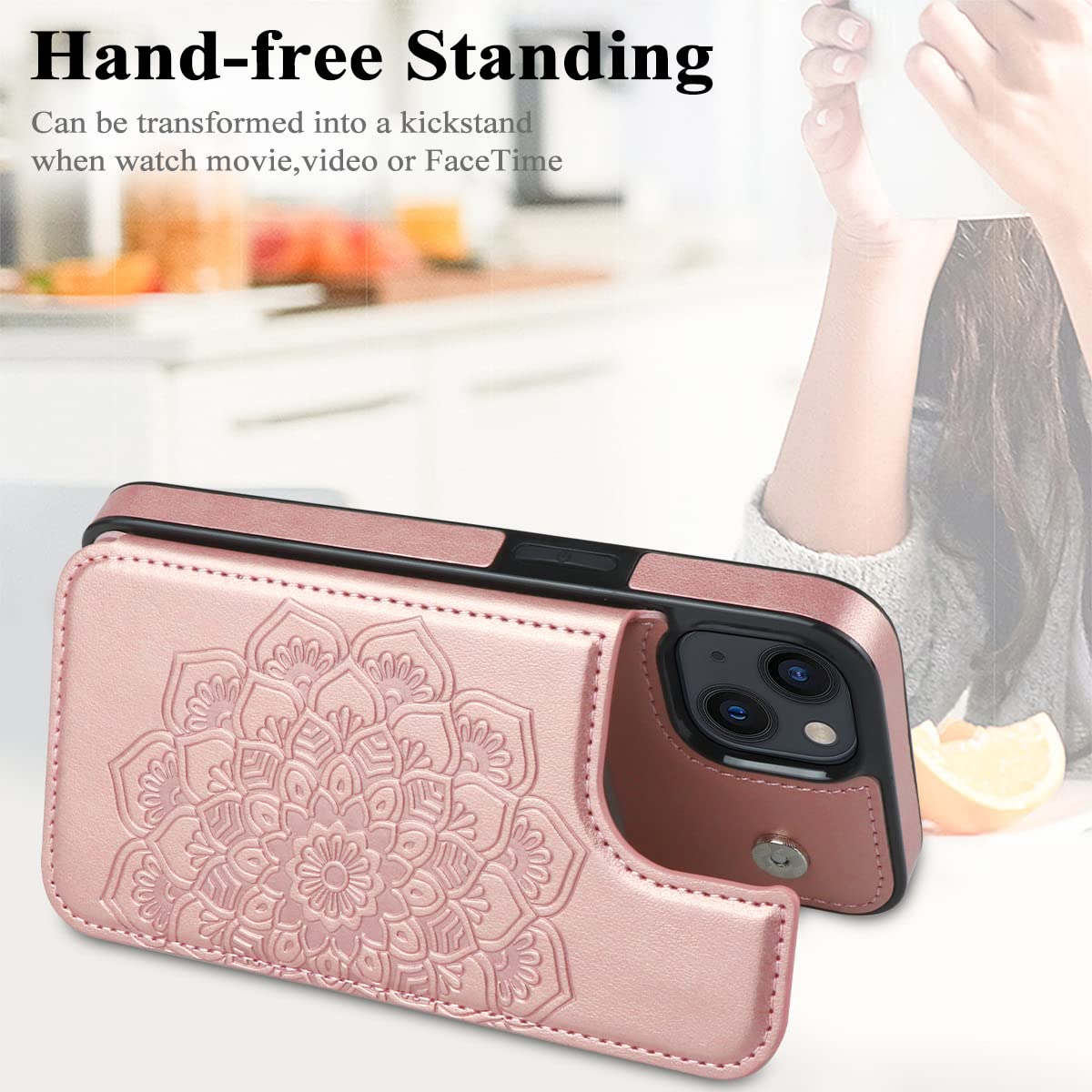 MMHUO Custodia A Portafoglio Per IPhone 15 Plus Con Fiori In Rilievo E Slot Porta Carte - Chiusura Magnetica E Supporto - Blu, Pelle PU Di Qualità - 2
