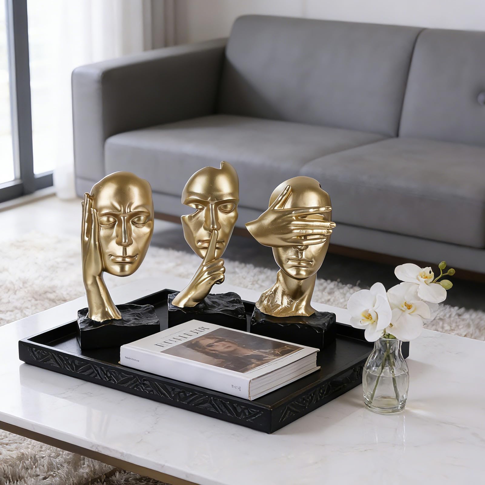 Set di 3 statue del pensatore con scritta in inglese "See No Evil Hear No Evil Speak No Evil, No Evil, No Evil, Scultura astratta, in resina, decorazione per casa, ufficio, soggiorno, mensola