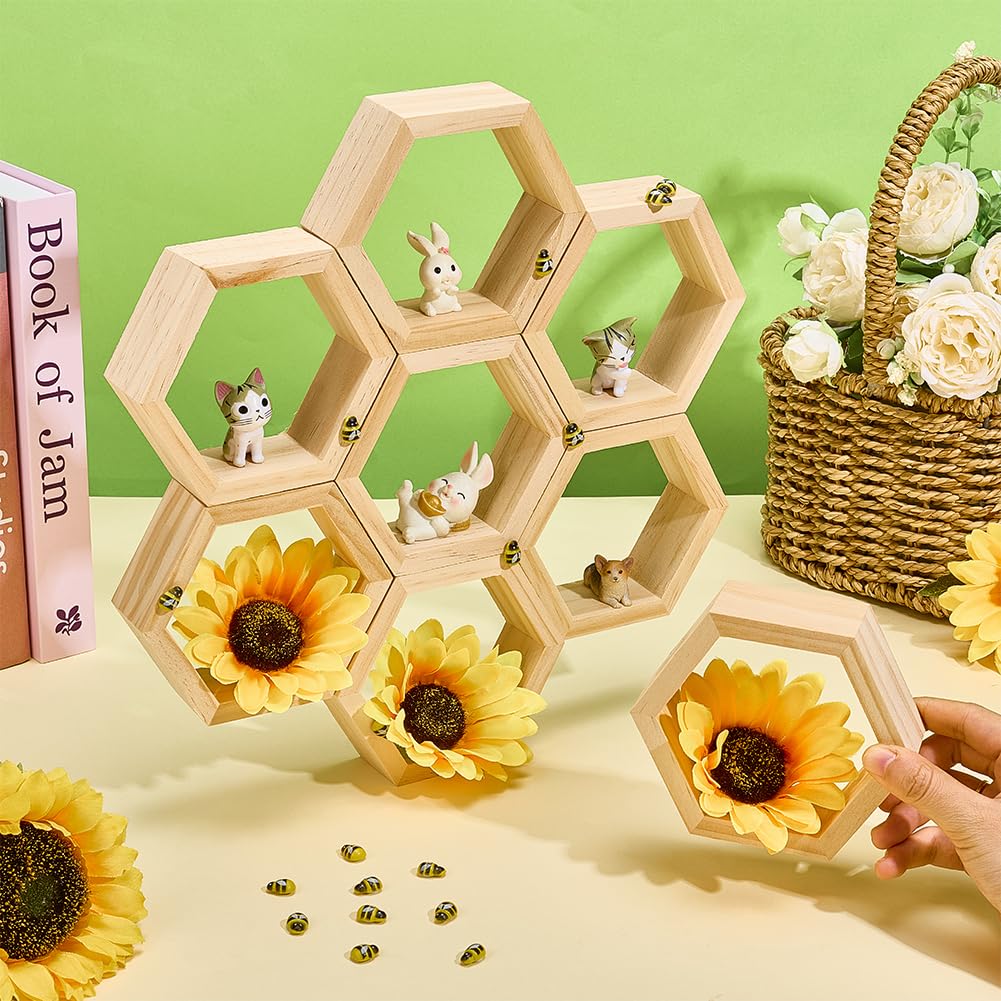 OLYCRAFT 14 soportes para cupcakes de nido de abeja hexagonales con 50 abejas pequeñas de madera y 30 pegatinas de doble cara para decoración de mesa, bodas, fiestas de cumpleaños