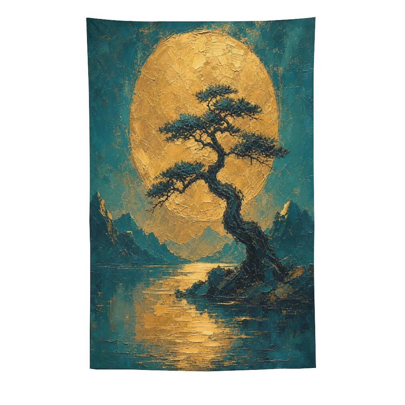 H3B8U2Y5 Golden Moon Pine Landscape Wall Tapestry, Ukiyo-e Style, Backdrop