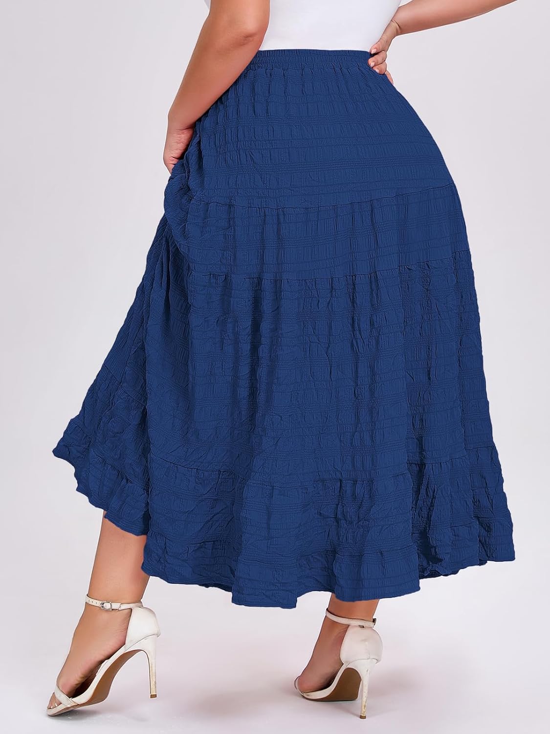 Moon Wood Women's Plus Size Tiered Maxi Skirt Elastic High Waist A-Line Flowy Long Skirts with Pockets - Image 4