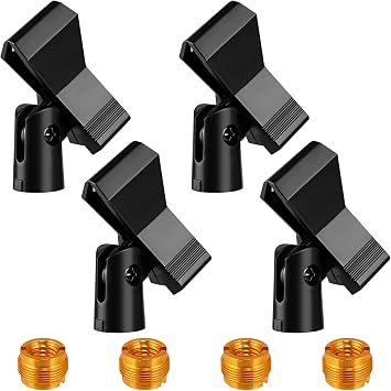Mic Clips for Stands Set - 4 Piece Adjustable Mic Holders with Adapters, Wireless Mic & Clamp for Mic Stands, 5/8 Inch Male to 3/8 Inch Female Adapter Included