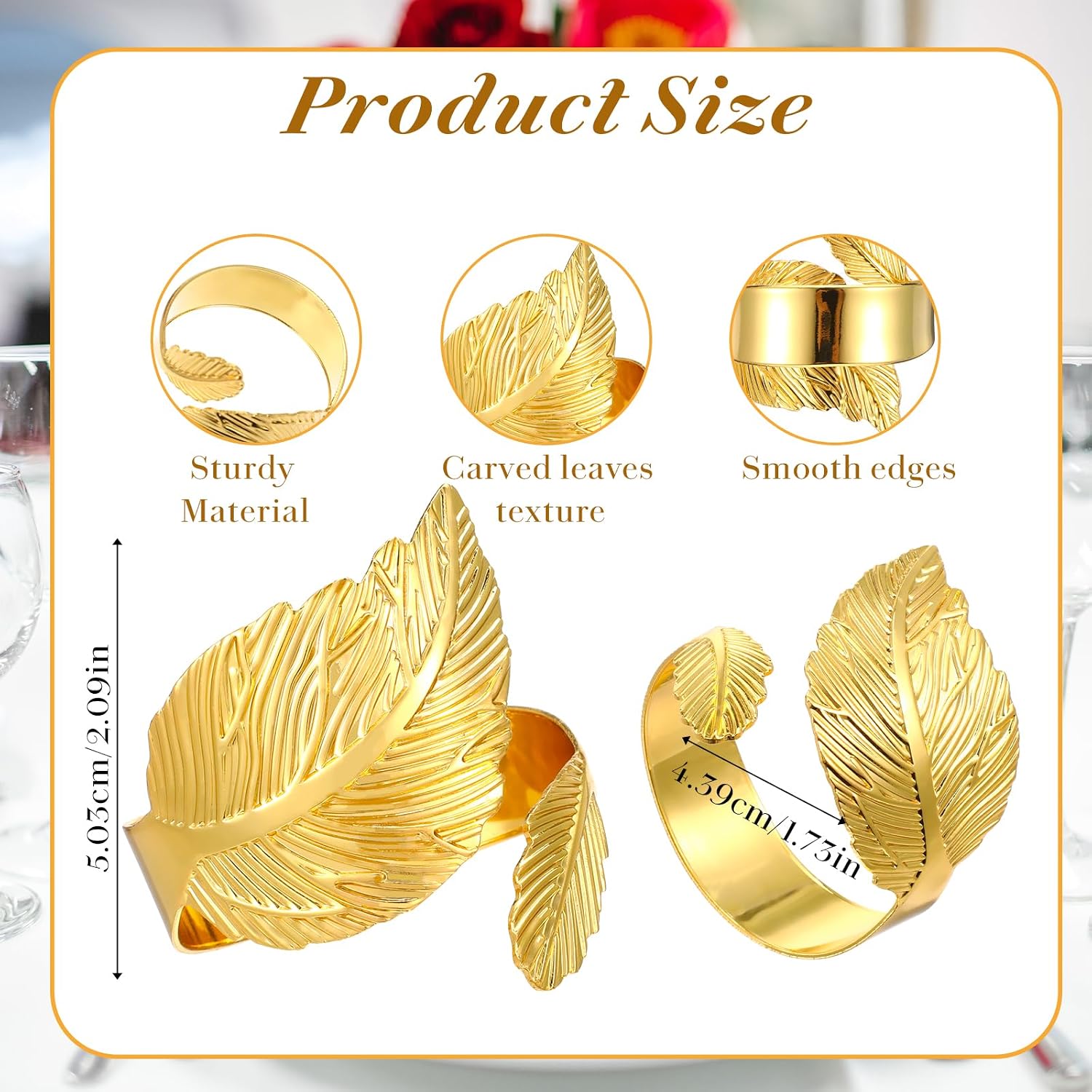 24 Pcs Gold Napkin Rings Metal Leaf Napkin Holders Delicate Rings Bulk for Wedding Birthday Party Banquet Decoration