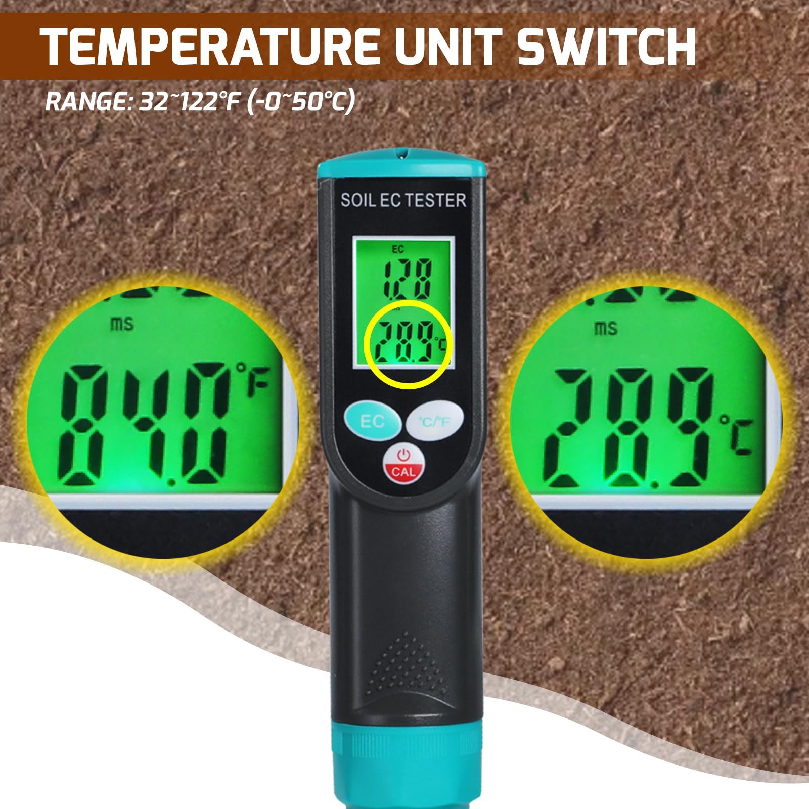 Medidor Portátil de CE y Temperatura del Suelo - Analizador de Fertilidad y Conductividad para Plantas, Jardinería, Invernaderos (Interior/Exterior) IP67