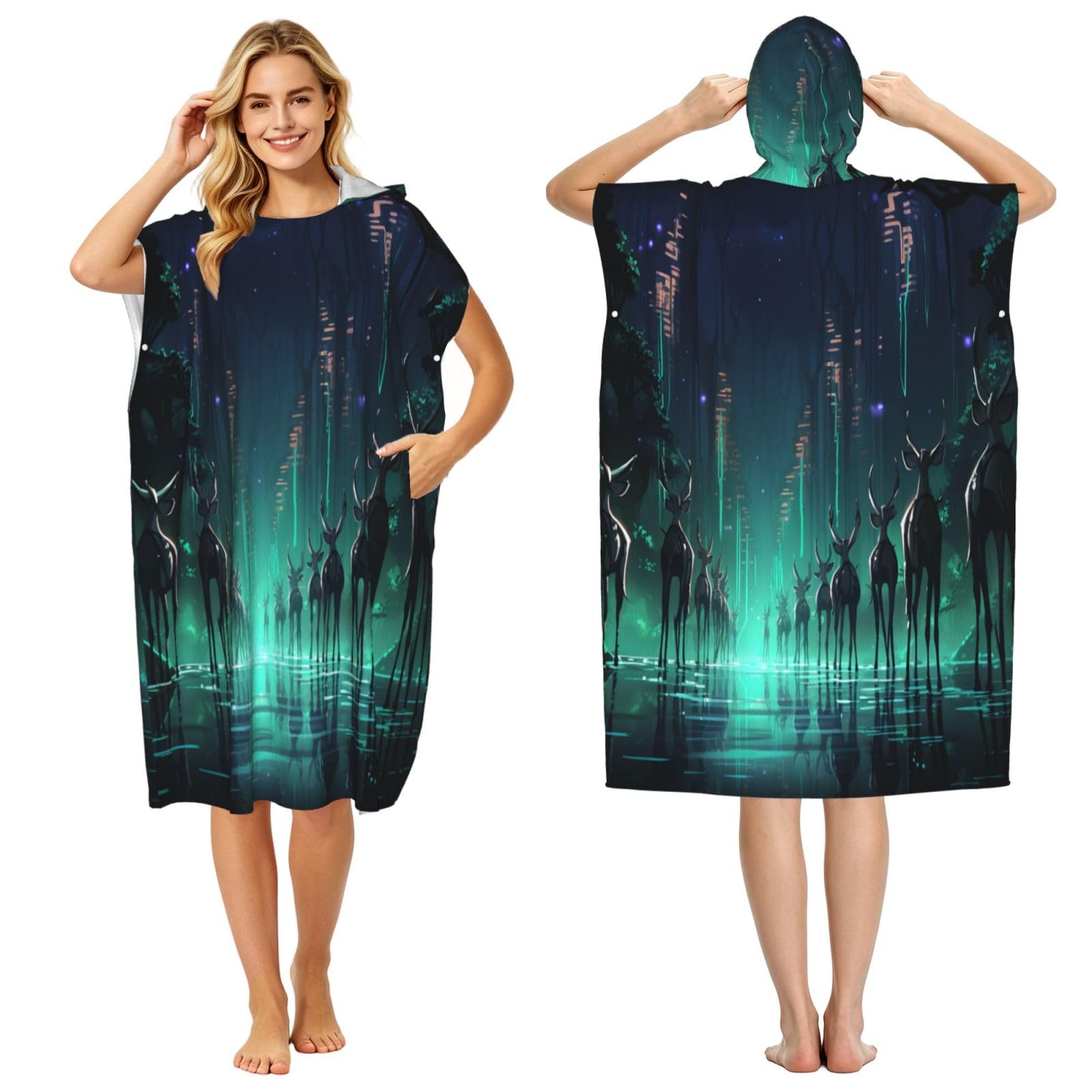 KLGRTJHK Deer On City Streets Adult Hooded Beach Poncho Towel 43"X35"