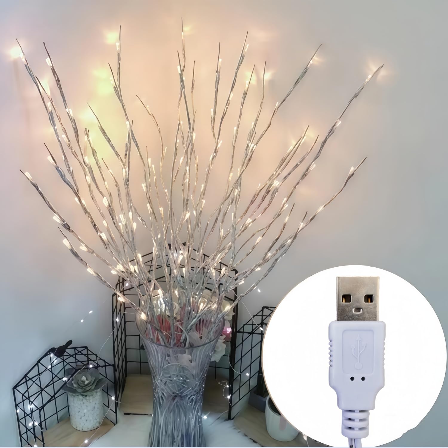 6 PCS LED Lighted Twig Branches 120 LED Beads Warm White Colored USB Operated Decorative Branch Lights for Vase Bedroom Restaurant Coffee Bar Library Party Photo Background 70CM