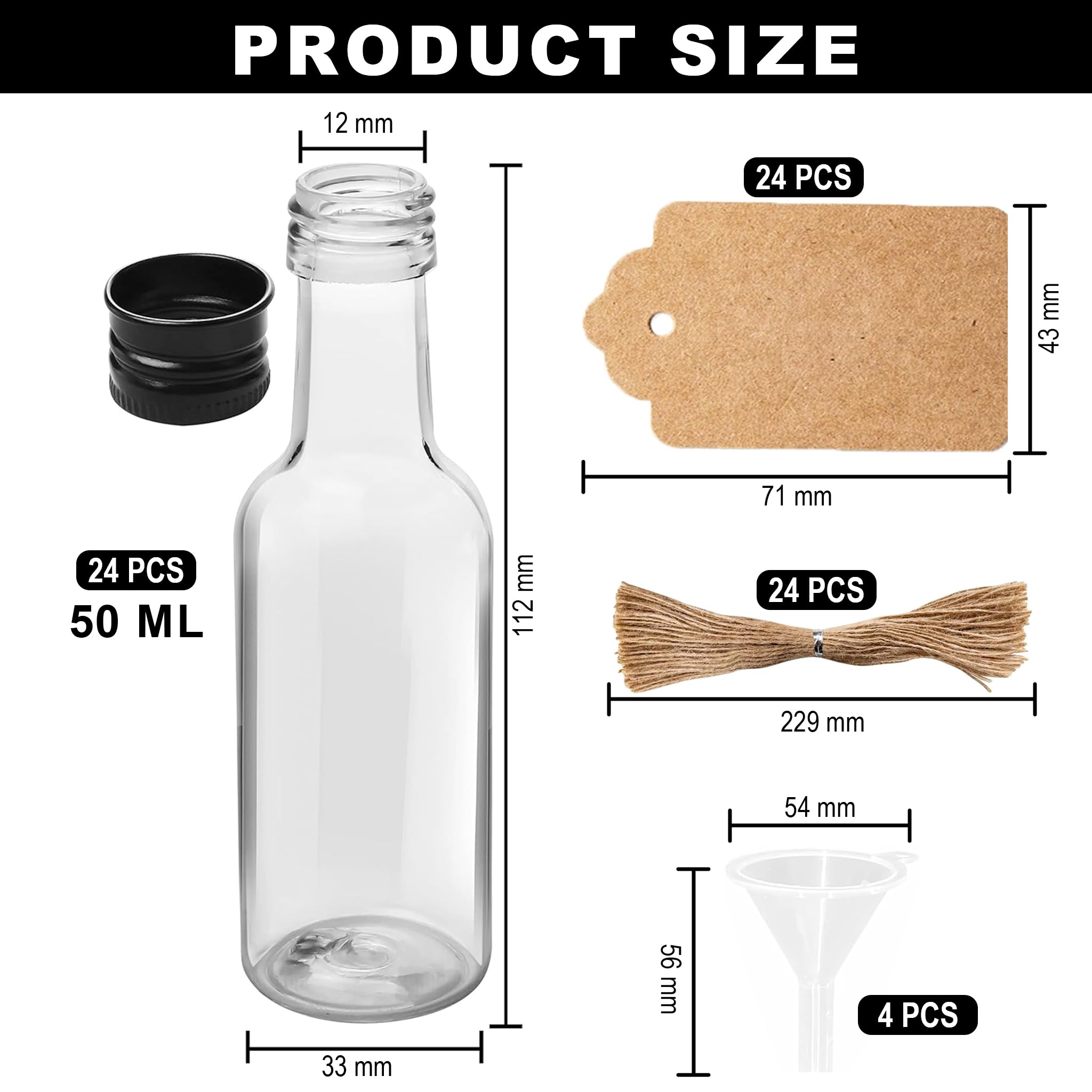 24 Pezzi Piccole Bottiglie da 50ml per riempire, Mini Bottiglie di plastica con Coperchio e Imbuto, Bottiglie riutilizzabili per Matrimoni e Feste